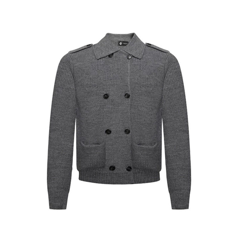 Men's knit double-breasted cardigan with collar, shoulder tabs, and welt pockets Amarae