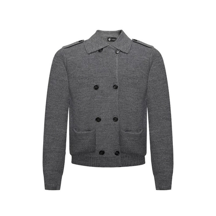 Men's knit double-breasted cardigan with collar, shoulder tabs, and welt pockets Amarae