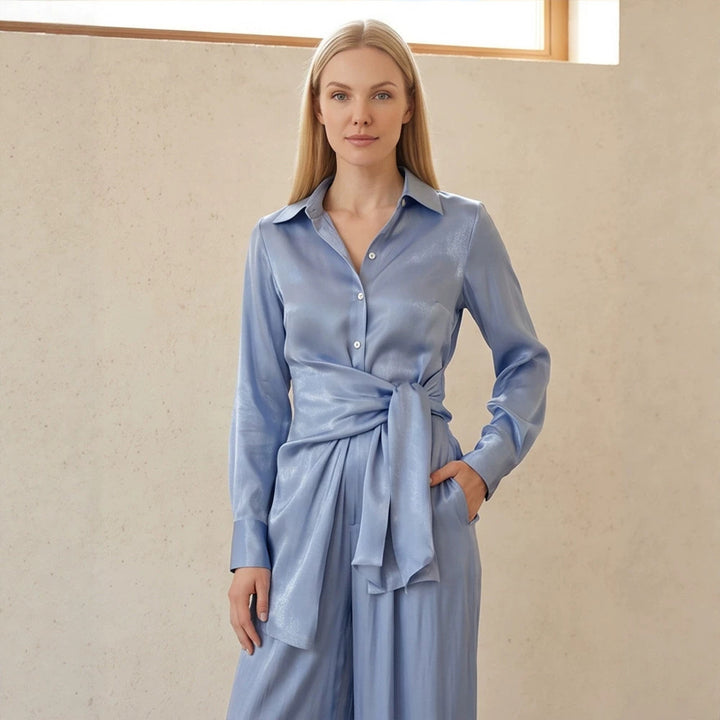 Ladies Two-Piece Silky Shirt and Palazzo Set with Wrap Waist Amarae