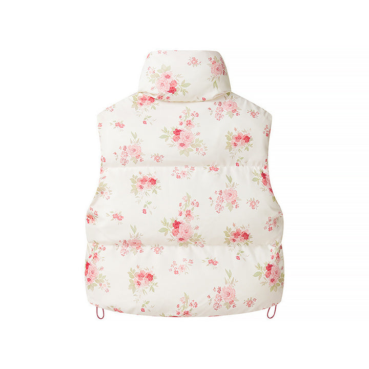 Ladies short quilted vest with floral pattern, stand-up collar and drawstring hem Amarae