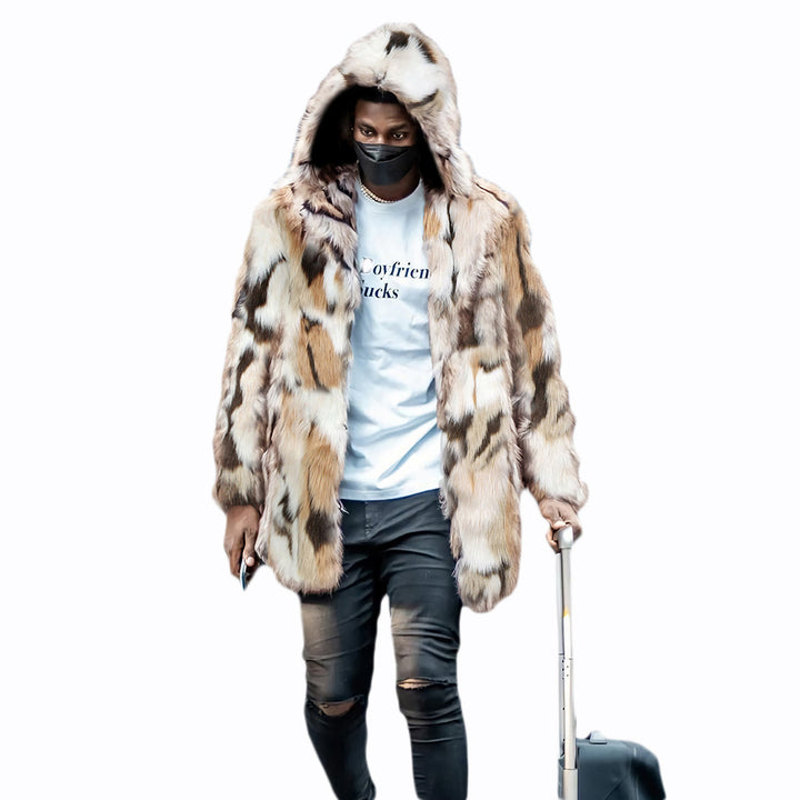 Trendy faux fur coat for men with hood and distinctive pattern Amarae