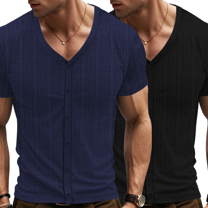 Men's Short Sleeve Henley T-Shirt with Textured Design and Fashionable V-Neck Lune London