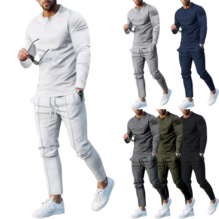 Athletic leisure outfit for men with long sleeve Henley top and comfortable jogging capri pants Lune London