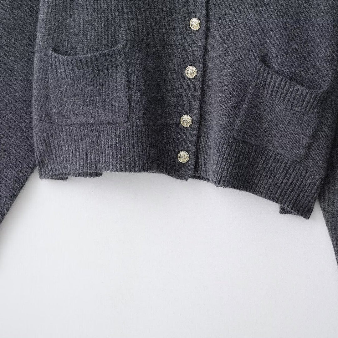 Women's Plus Size Wool Blend Cardigan with V-Neck, Gold Decorative Buttons and Flap Pockets Amarae