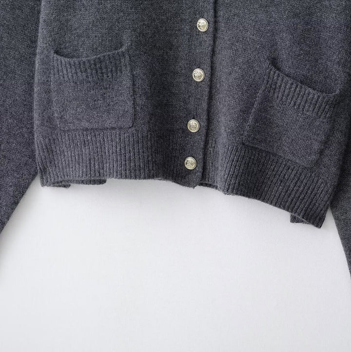 Women's Plus Size Wool Blend Cardigan with V-Neck, Gold Decorative Buttons and Flap Pockets Amarae