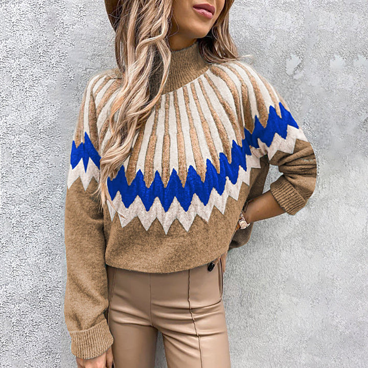 Lune London Thick Knit Sweater for Women with Intense Graphic Design and High Collar