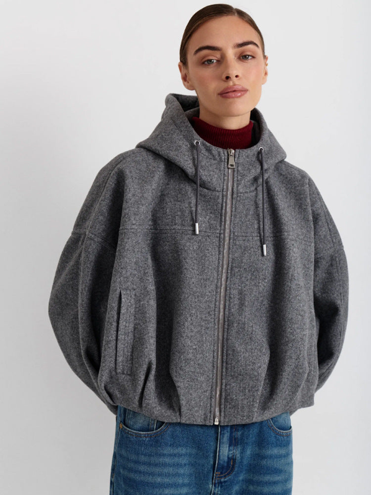 Women’s short jacket made of wool blend with hood, boxy silhouette & gathered hem Amarae
