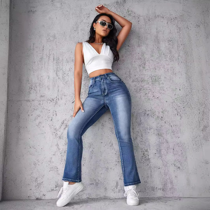 Women High-Waist Stretch Jeans with Cut Hem Lune London