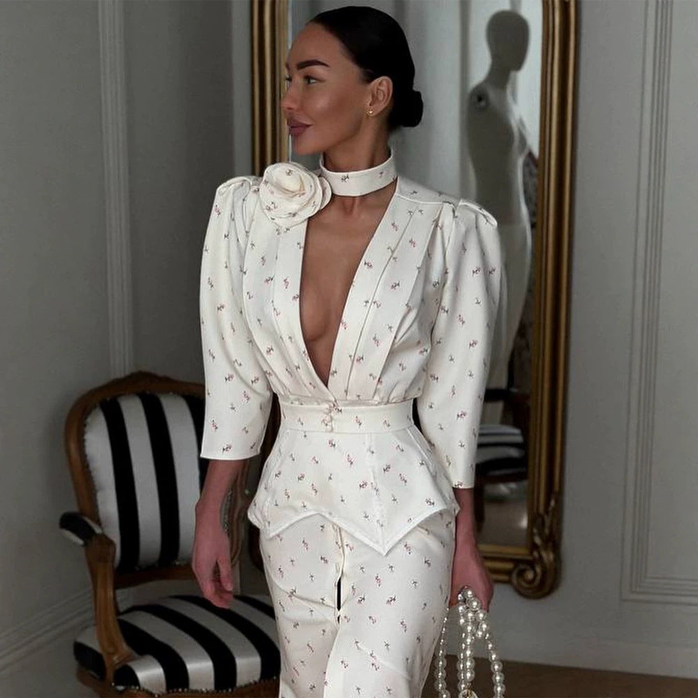 Women tailored pantsuit set with deep V-neck, structured peplum waist and fine floral jacquard Amarae