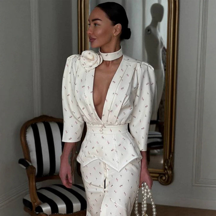 Women tailored pantsuit set with deep V-neck, structured peplum waist and fine floral jacquard Amarae