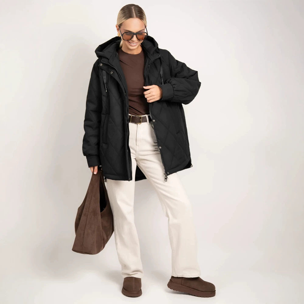 Women's quilted parka in diamond quilting pattern with hood and extended back Amarae