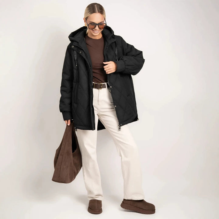 Women's quilted parka in diamond quilting pattern with hood and extended back Amarae
