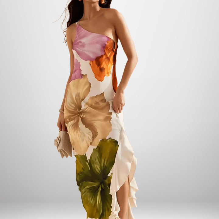 Robe maxi pour dames avec motif floral et décolleté asymétrique Chic & Stil