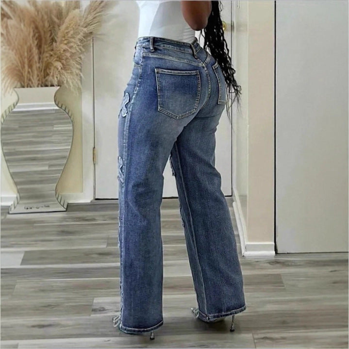 Women High-Waisted Straight-Leg Jeans with Fringed Cross Applications Amarae
