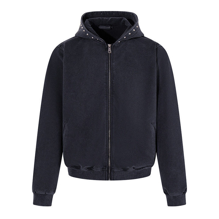 Men's Short Cut Zip Hooded Jacket made of Velour with Studded Hood Amarae