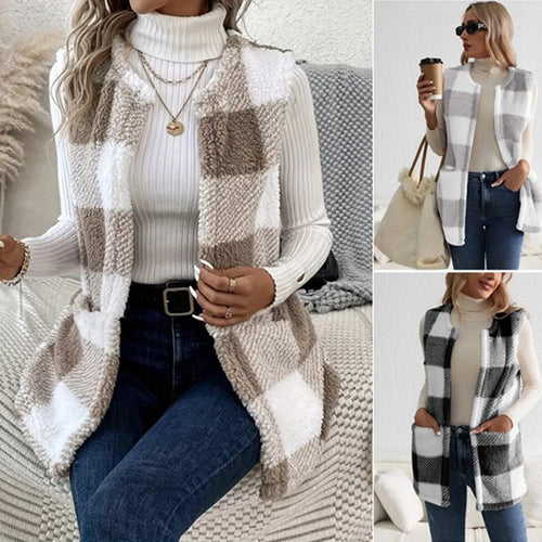 Ladies soft vest with side pockets and modern check pattern Amarae
