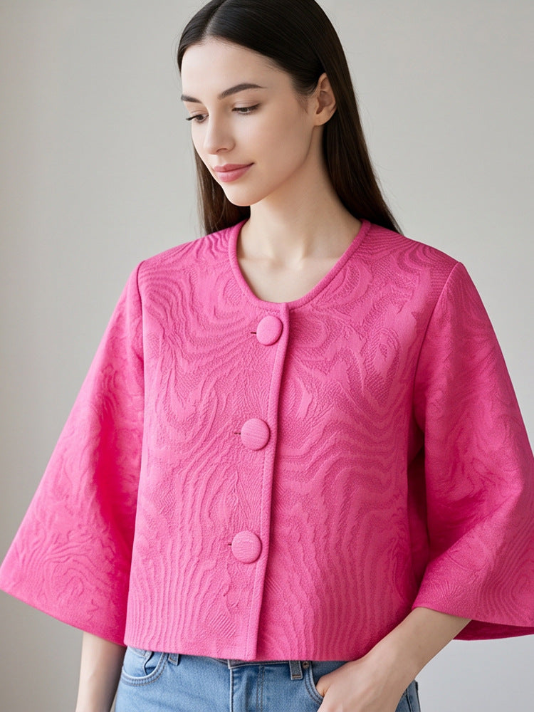 Women short-cut structured jacquard jacket with round neck & large fabric buttons Amarae