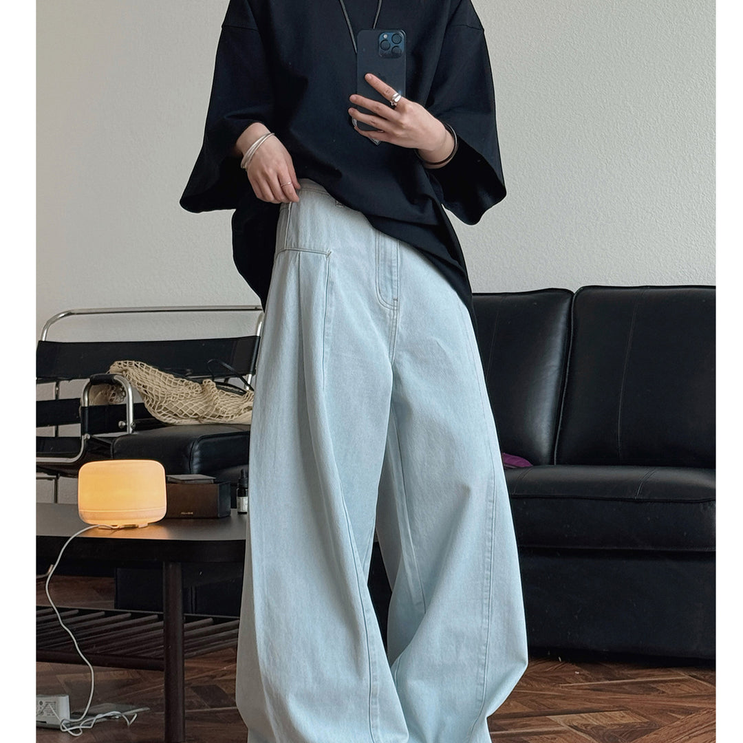 Women High-Waisted Oversize Palazzo Jeans with Deep Crotch and Distinctive Vertical Seam Amarae