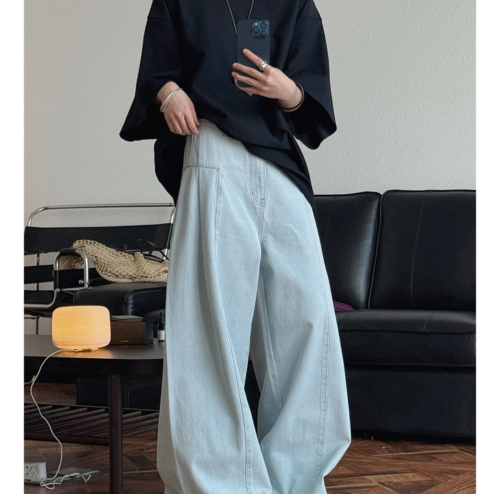 Women High-Waisted Oversize Palazzo Jeans with Deep Crotch and Distinctive Vertical Seam Amarae