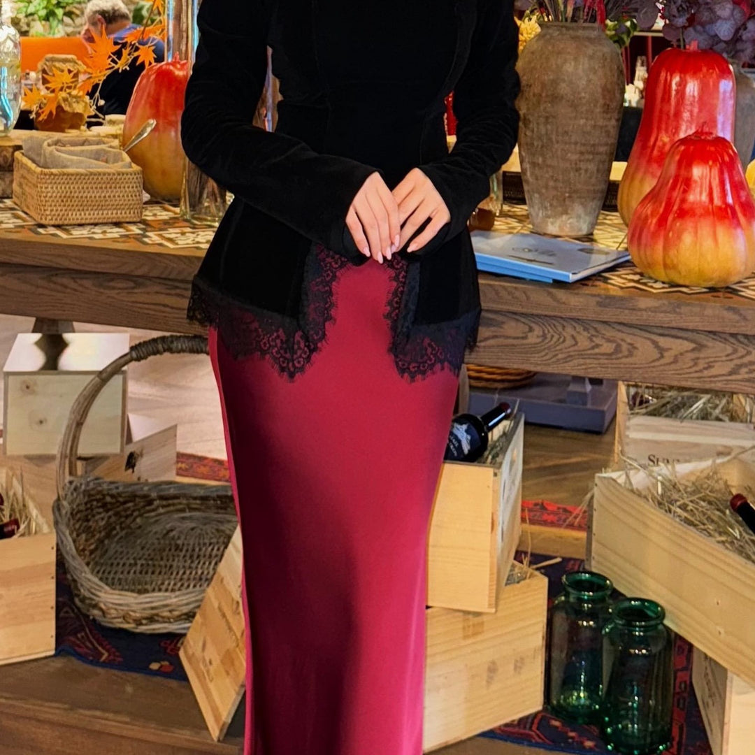 Ladies Velvet Long Sleeve with Lace Hem and Curved Front Detail Amarae