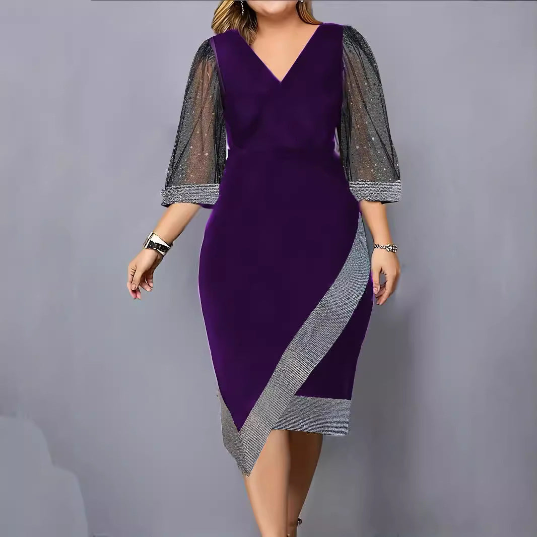 Ladies Elegant Cocktail Dress with Sheer Puff Sleeves and Asymmetrical Hem Lune London