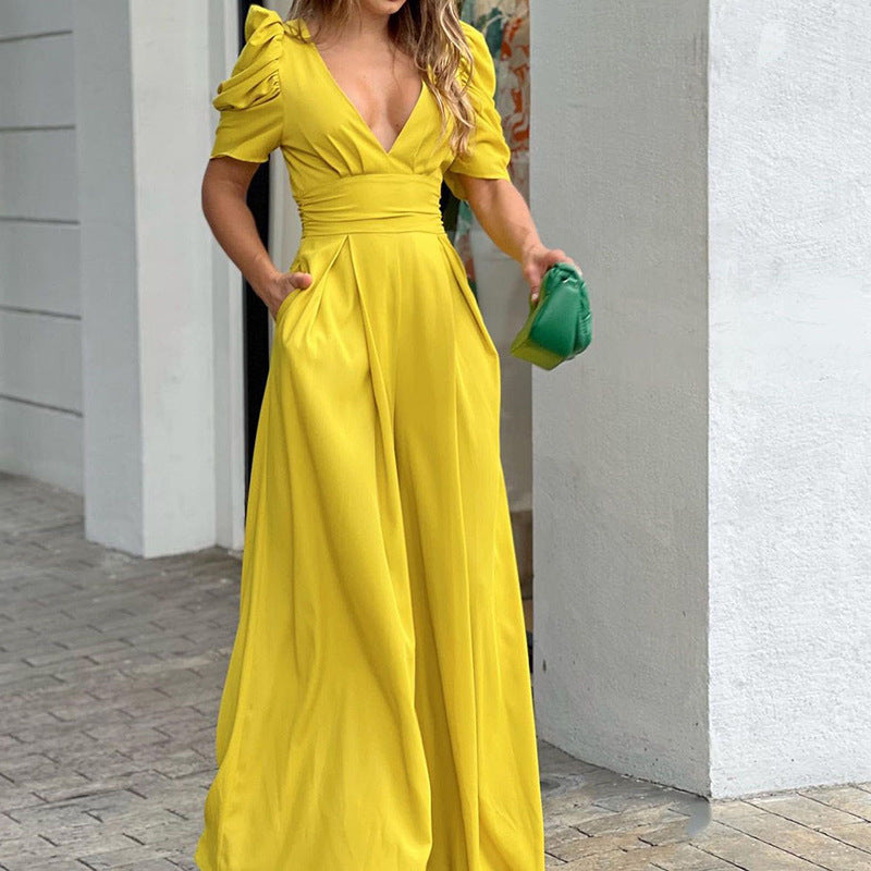 Ladies Elegant Puff Sleeve V Neck Chic and Stylish Jumpsuit