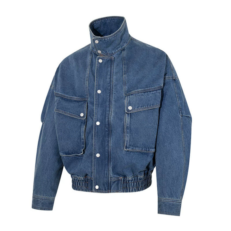 Women's Oversized Denim Jacket with Stand-up Collar, Press Stud Placket and Patch Cargo Pockets Amarae