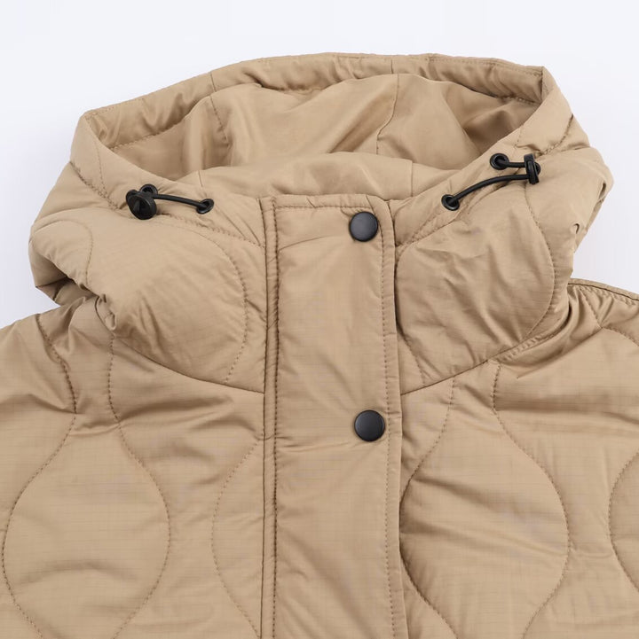 Ladies padded transitional jacket with hood and large pockets Lune London