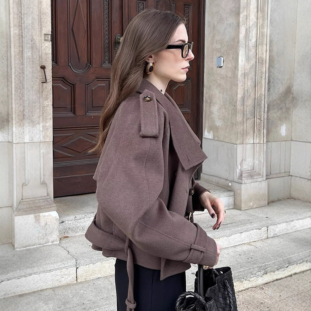 Women's Short Double-Breasted Wool Blend Peacoat with Dropped Shoulders and Epaulettes Amarae