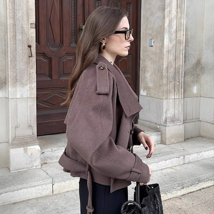 Women's Short Double-Breasted Wool Blend Peacoat with Dropped Shoulders and Epaulettes Amarae