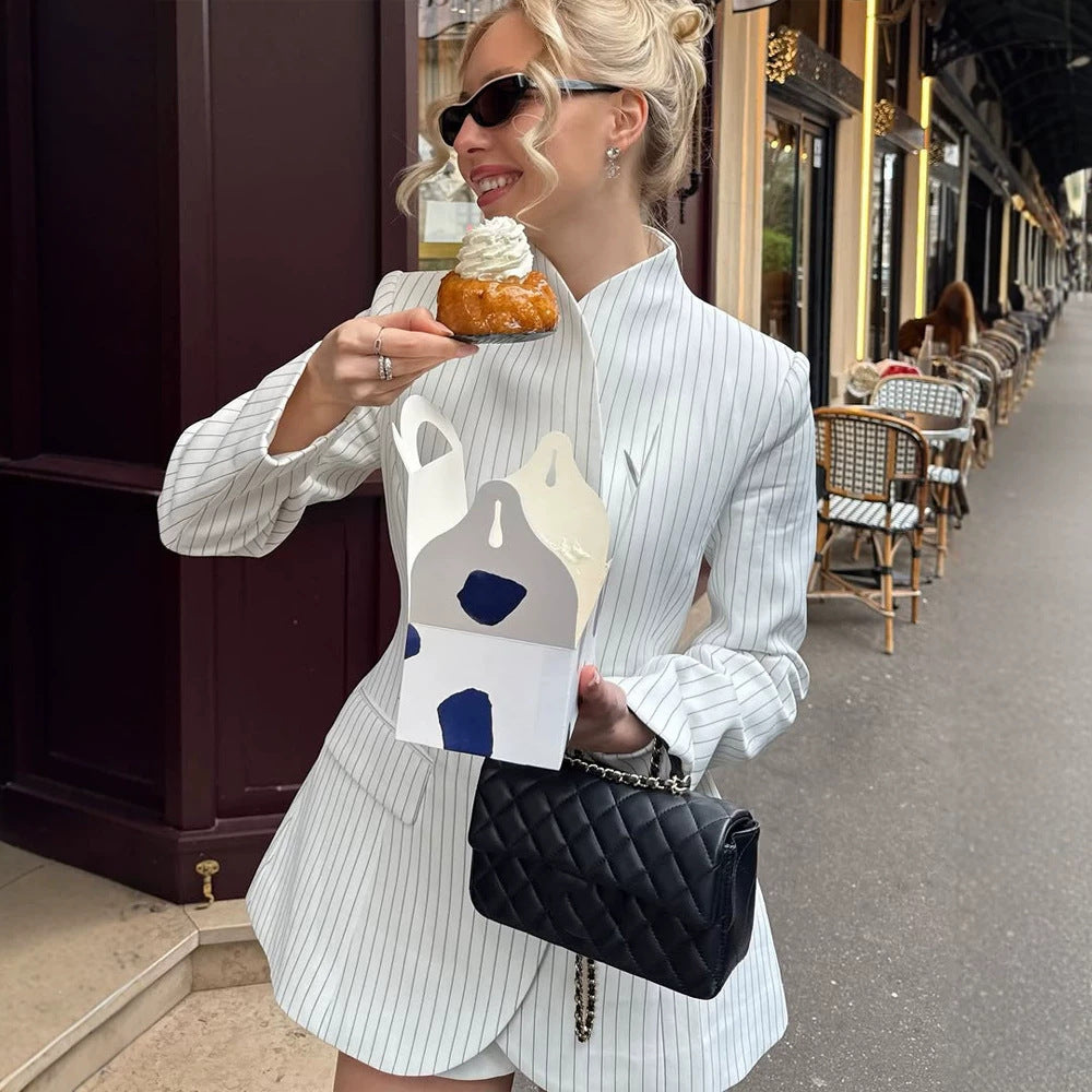 Women's Tailored Pinstripe Blazer with Flared Peplum and Stand-Up Collar Amarae