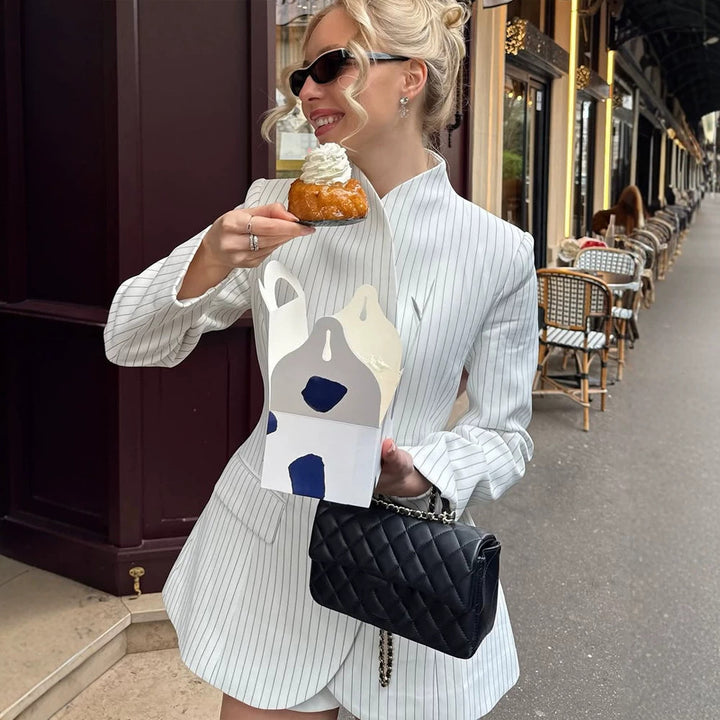 Women's Tailored Pinstripe Blazer with Flared Peplum and Stand-Up Collar Amarae