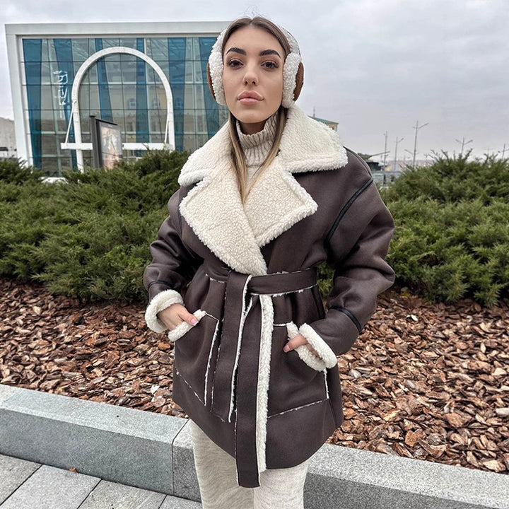 Women Oversized Sheepskin Imitation Coat with Contrasting Shawl Collar and Tied Belt Amarae