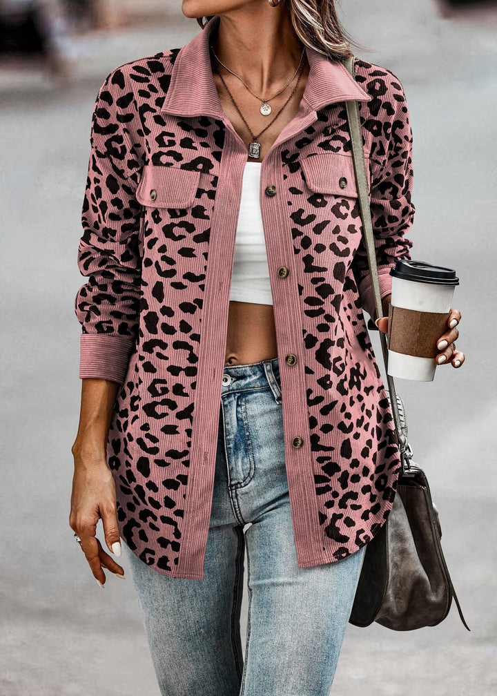 Women's corduroy jacket with a modern leopard print, pockets, and button details Lune London