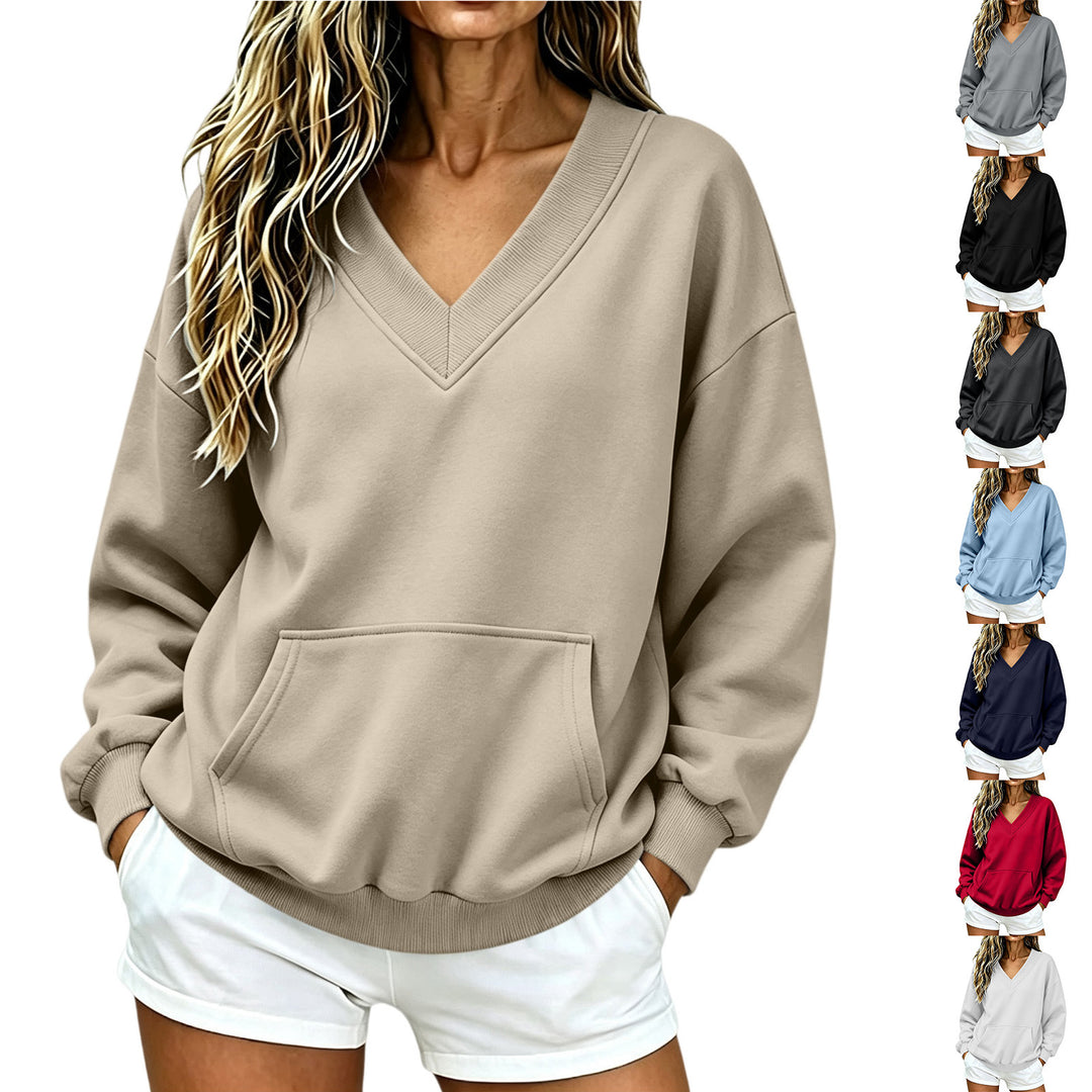 Women Oversize V-Neck Sweatshirt with Kangaroo Pocket and Ribbed Hem Amarae