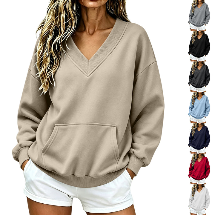 Women Oversize V-Neck Sweatshirt with Kangaroo Pocket and Ribbed Hem Amarae