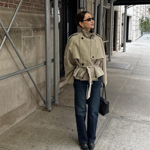 Short jacket with high collar and belt at the waist for women Amarae