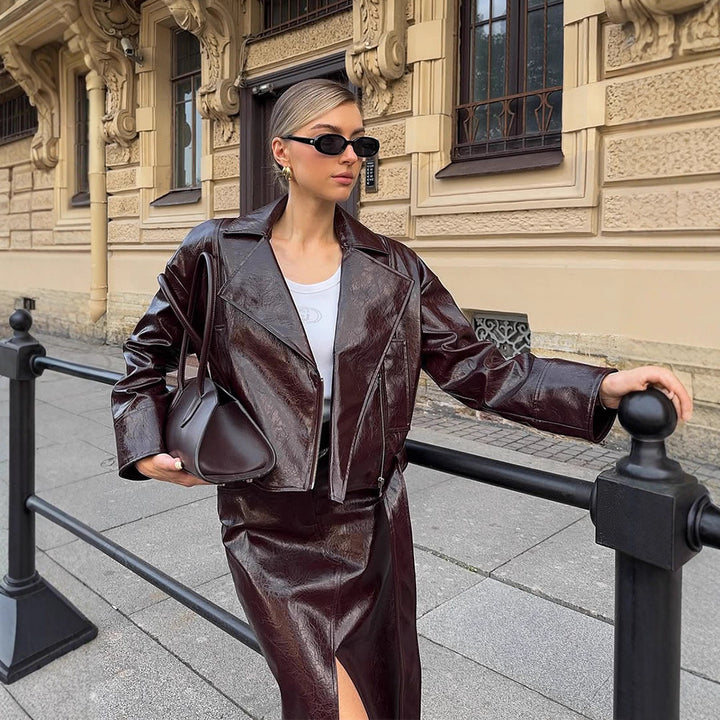 Women's Patent Leather Biker Jacket with Oversized Lapels, Boxy Cut & Visible Zipper Amarae