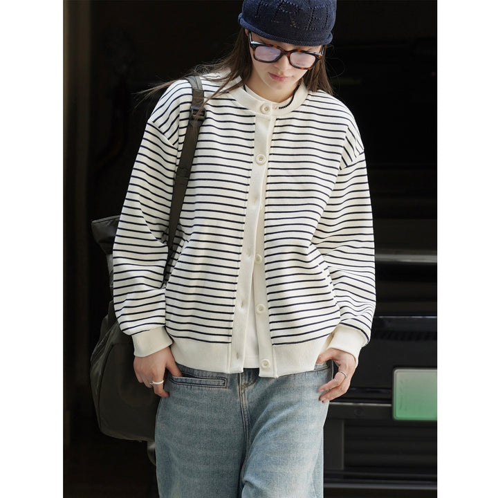 Women's Striped Knit Cardigan Jacket with Button Closure, Side Pockets and Ribbed Cuffs Amarae