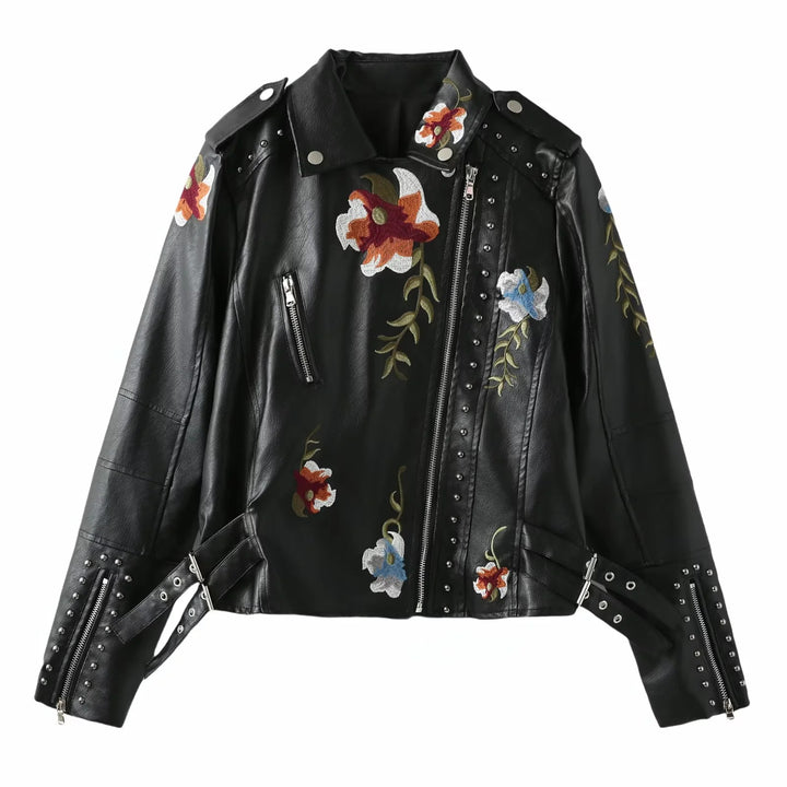 Biker jacket in faux leather for women with embroidered floral design and stud embellishments Lune London