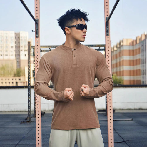 Men's Long Sleeve Henley T-shirt in breathable material with button collar Amarae