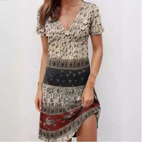 Short dress with short sleeves for women with trendy V-neck and creative pattern Amarae
