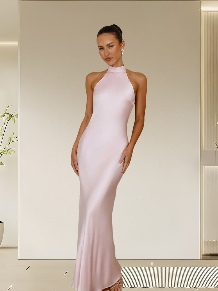 Ladies Elegant Maxi Dress with High Neck Design and Shimmering Satin Finish Lune London