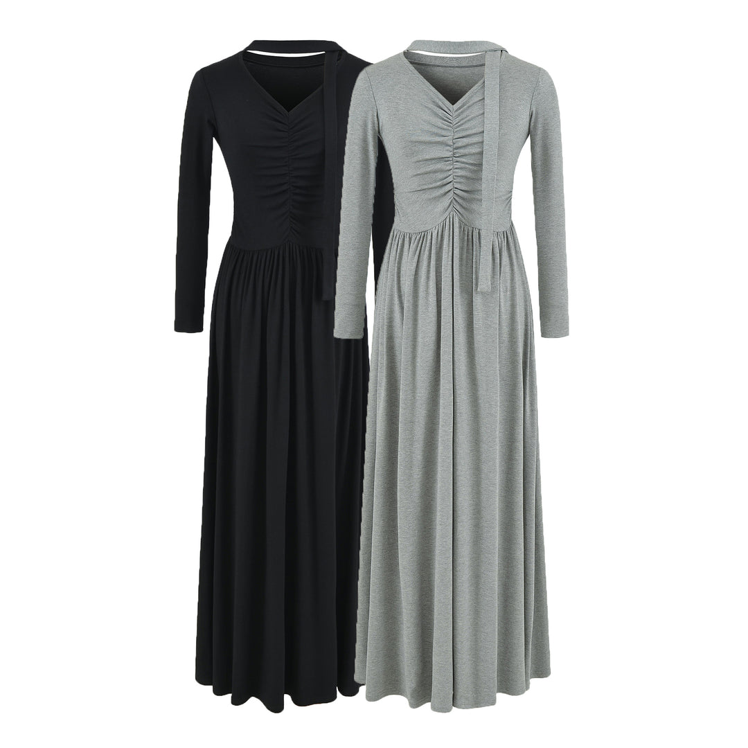 Women Long Jersey Maxi Dress with Gathering, V-Neck and Tied Scarf Amarae