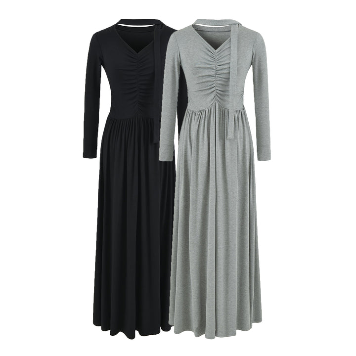 Women Long Jersey Maxi Dress with Gathering, V-Neck and Tied Scarf Amarae