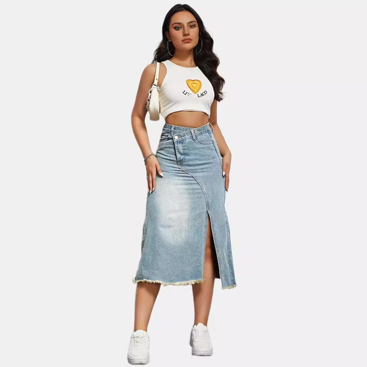 Chic & Stil Long Denim Skirt for Women with Asymmetrical Slit and Frayed Hem