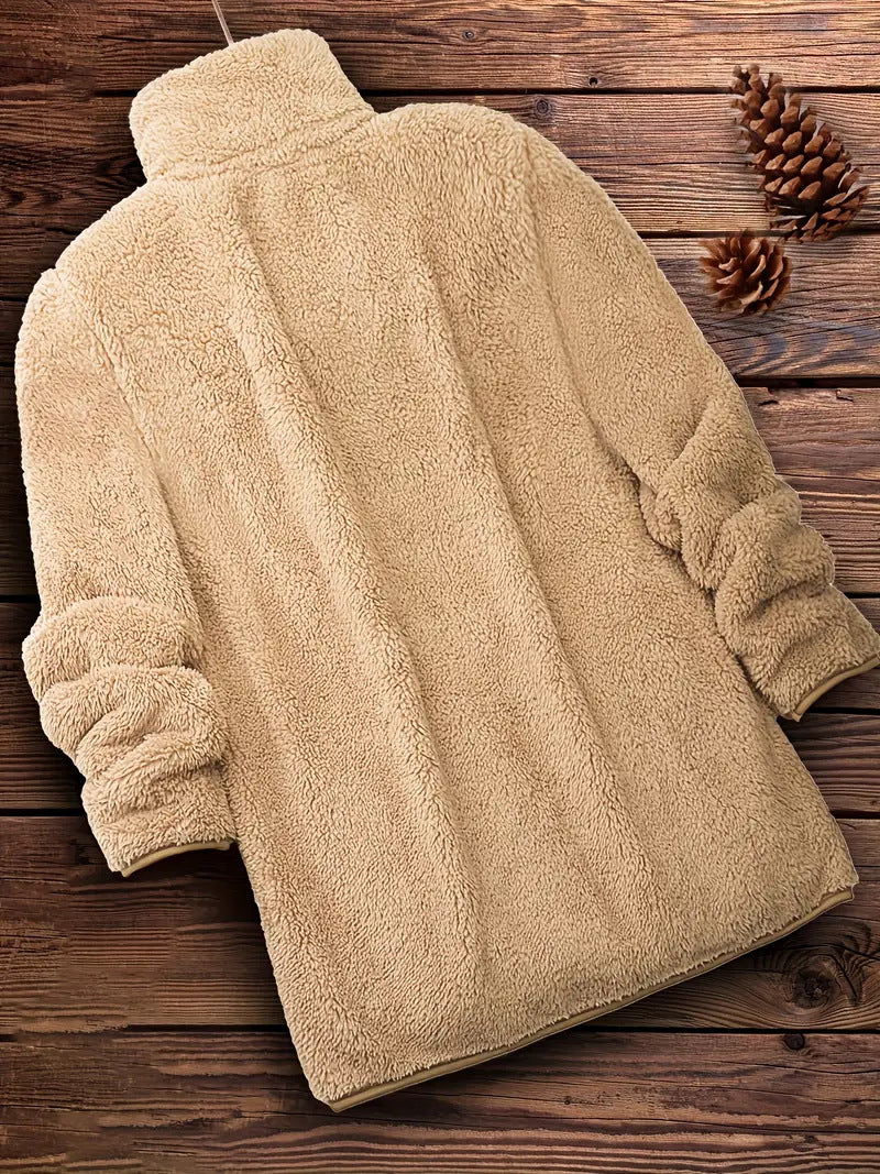 Ladies Soft Teddy Jacket with High Collar and Side Pockets Lune London