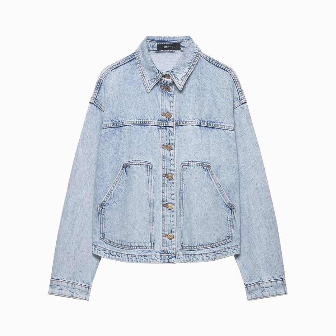 Women's Boxy Cropped Denim Work Jacket with Large Applied Front Pockets Amarae