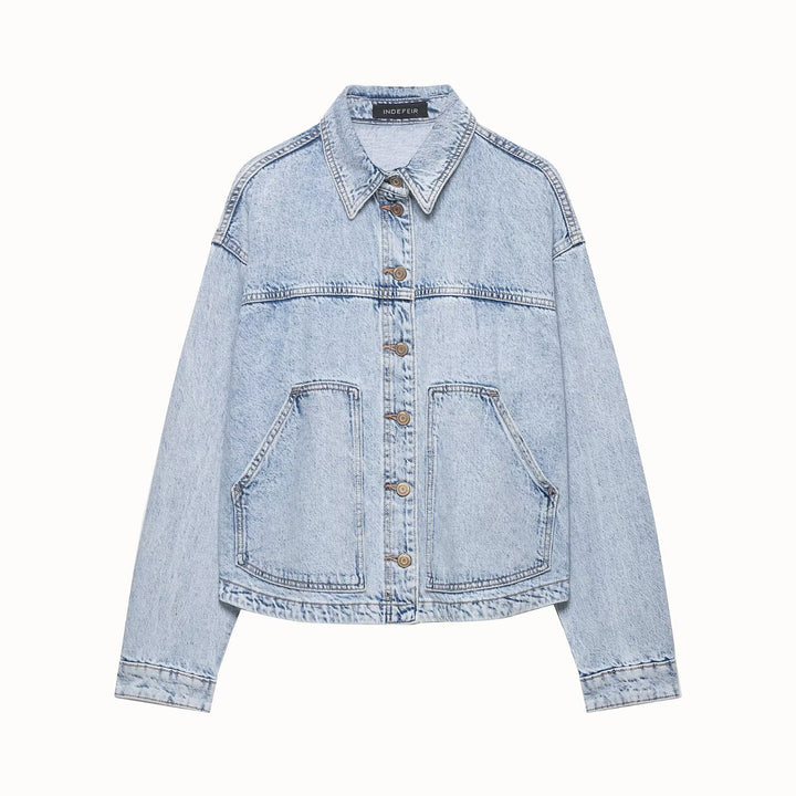 Women's Boxy Cropped Denim Work Jacket with Large Applied Front Pockets Amarae