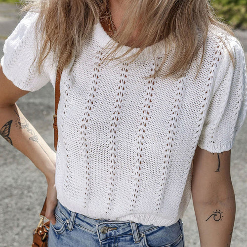 Top en tricot pour femmes avec une structure en dentelle aérée et des manches courtes Chic & Stil